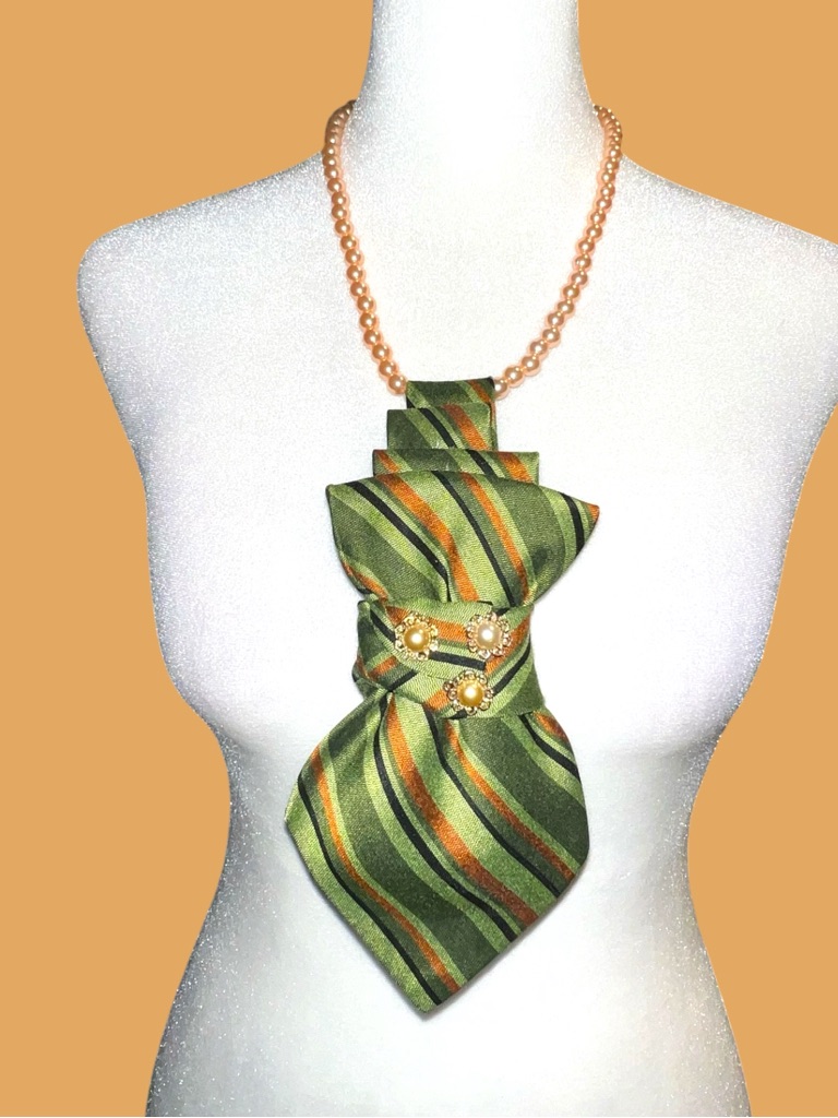 Green Striped Silk Statement Necklace With Gold Accents 28$
